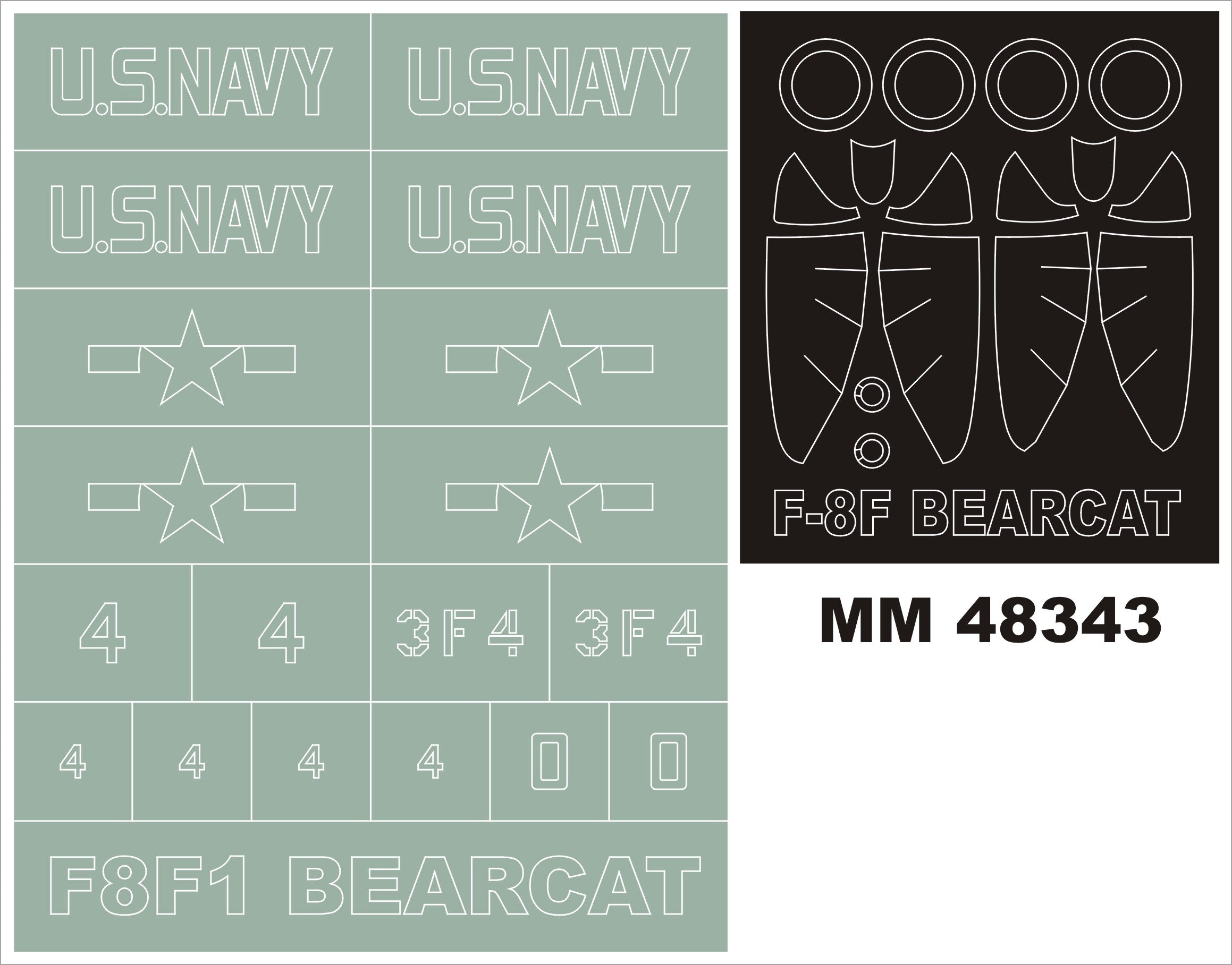 Grumman F8F-1/F8F-1B/F8F-2 Bearcat canopy frame paint masks (inside and outside) + insignia and markings masks (designed to be used with Hobby Boss kits)