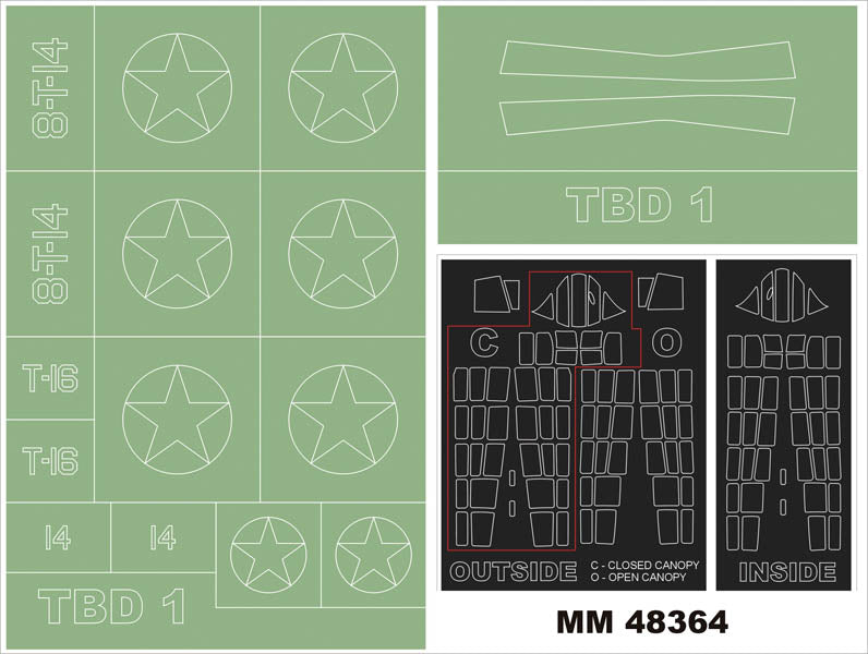 Douglas TBD-1 DEVASTATOR canopy frame paint masks (inside and outside) + insignia and markings masks (designed to be used with Great Wall Hobby kitskits)