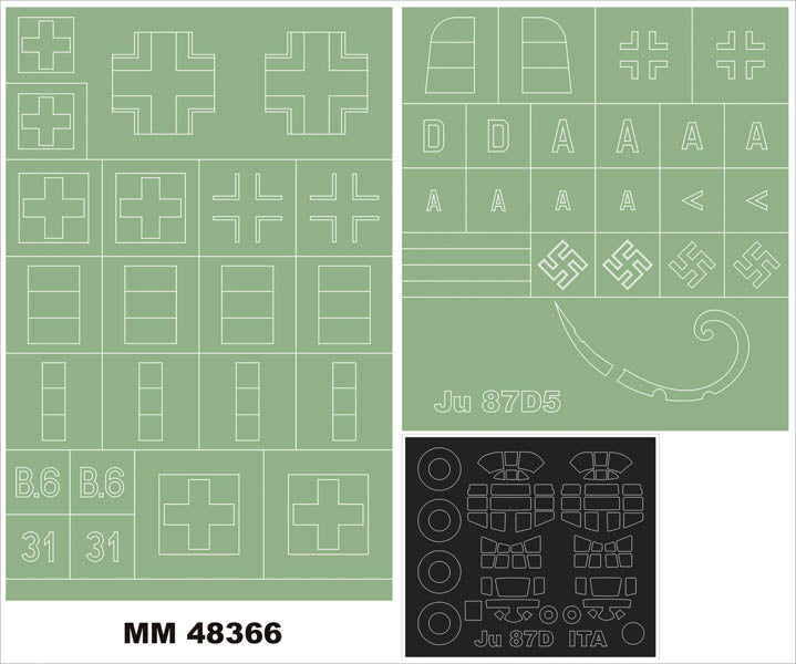 Junkers Ju-87D-5 'Stuka' canopy frame paint masks (inside and outside) insignia and markings masks (designed to be used with Italeri kits)