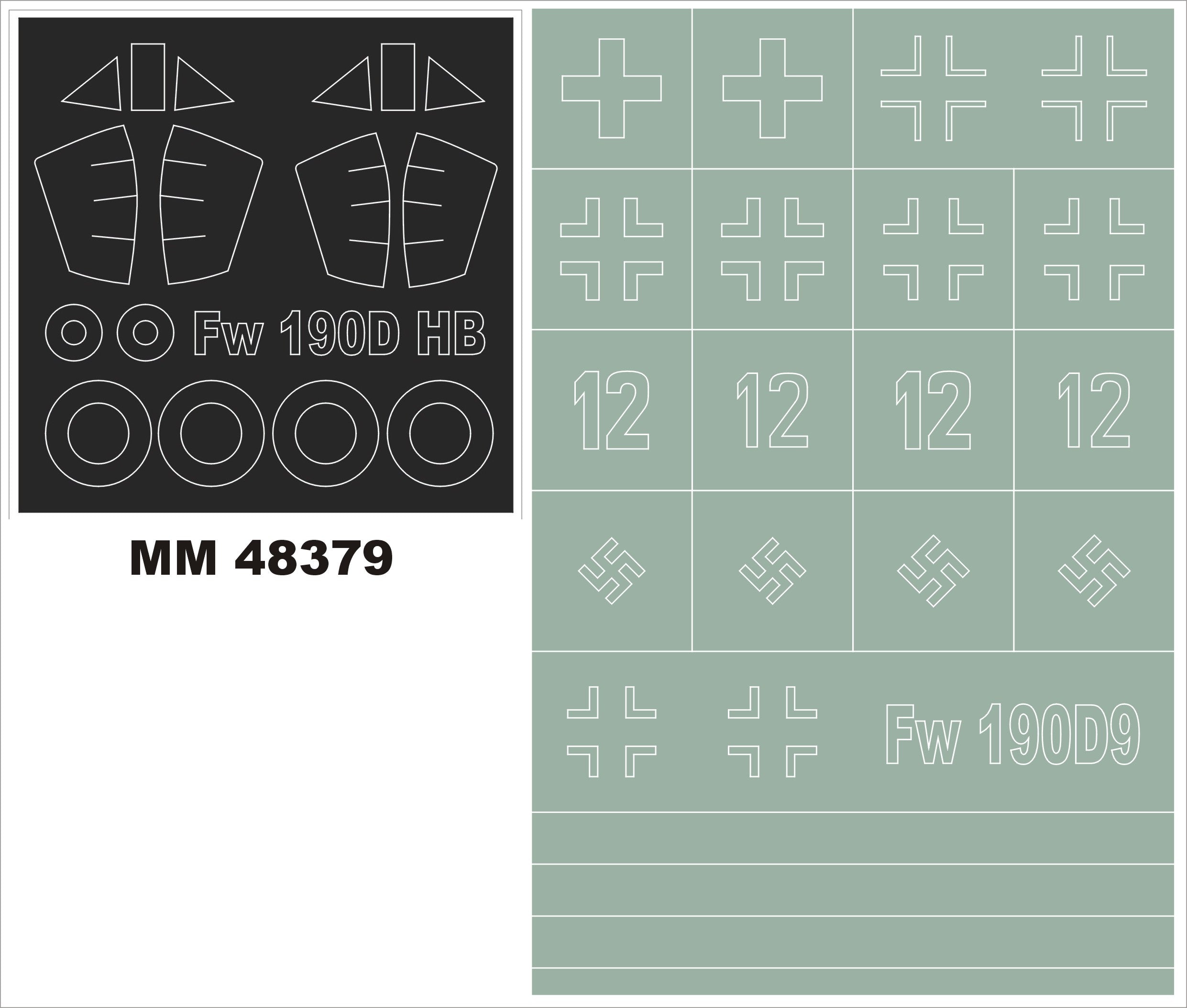 Focke-Wulf Fw-190D-9 canopy frame paint masks (inside and outside) + insignia and markings masks (designed to be used with Hobby Boss kits)