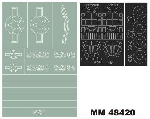 Northrop P-61A/P-61B 'Black Widow' 2 canopy frame paint mask (inside & outside) + insignia and markings masks (designed to be used with Hobby Boss kits)
