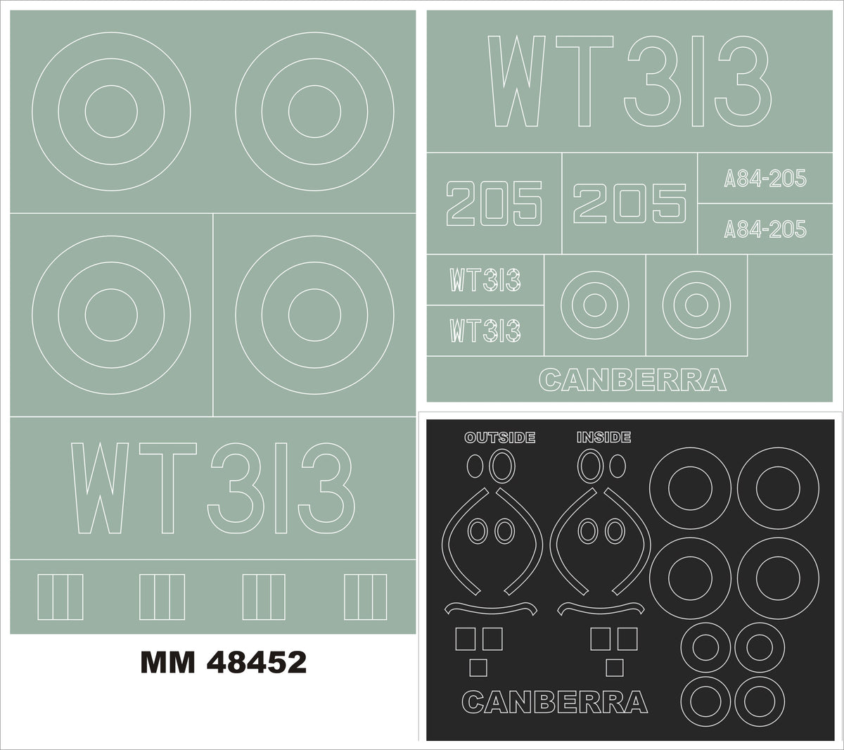 BAC/EE Canberra B.2/B.20. 2 canopy frame paint masks (inside & outside) insignia and markings masks (designed to be used with Airfix kits)