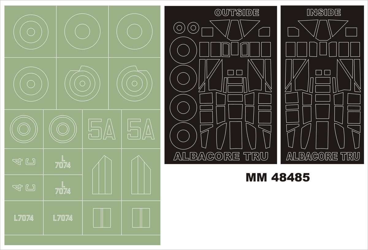 Fairey Albacore torpedo bomber 2 canopy frame paint masks (inside & outside) + insignia and markings masks (designed to be used with Trumpeter kits)