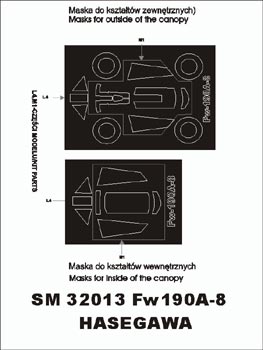 Focke-Wulf Fw-190A-8 canopy frame paint masks (inside and outside) (designed to be used with Hasegawa kits)