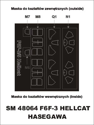 Grumman F6F-3 Hellcat canopy frame paint masks (inside and outside) (designed to be used with Hasegawa kits)