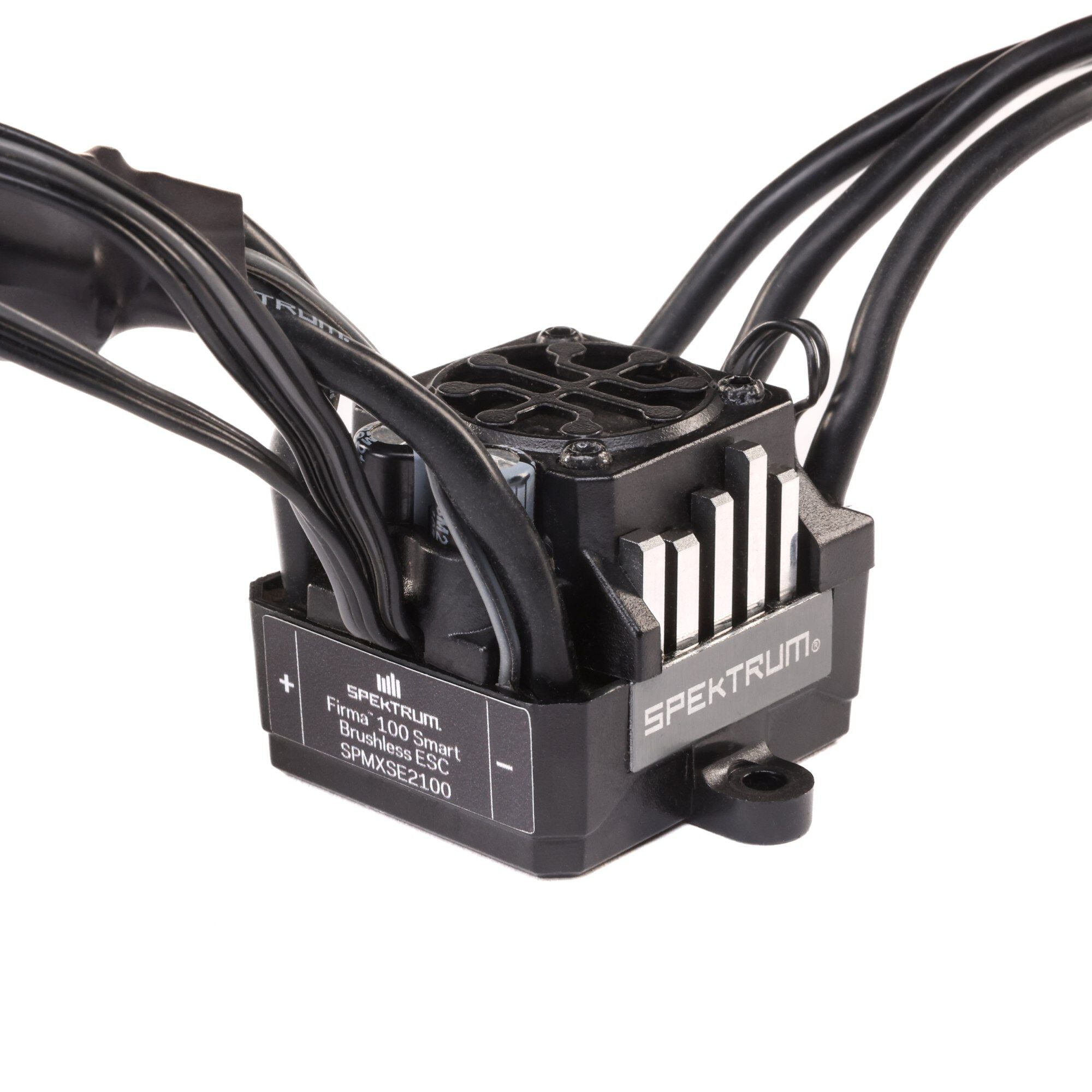 Spektrum ESC (Electronic Speed Controller) with black cables on a white background