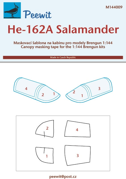 Heinkel He-162A/He-162A-3/He-162D Salamander canopy frame paint mask (designed to be used with Brengun kits)