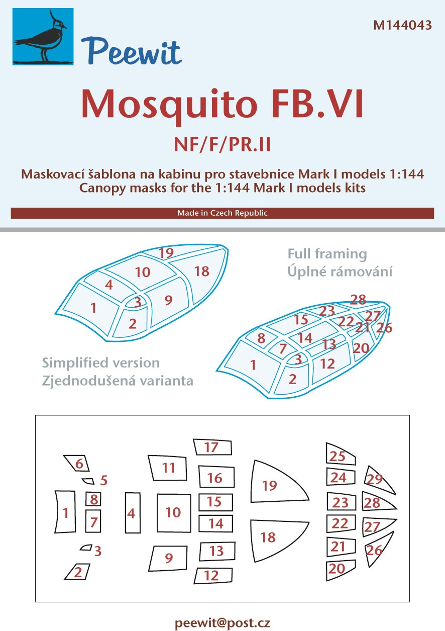 de Havilland Mosquito FB.VI /NF/F/PR.II canopy frame paint mask (designed to be used with Mark I models kits)