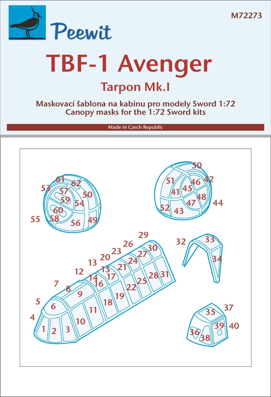 Grumman TBF-1 Avenger / Tarpon Mk.I canopy frame paint mask (designed to be used with Sword kits)