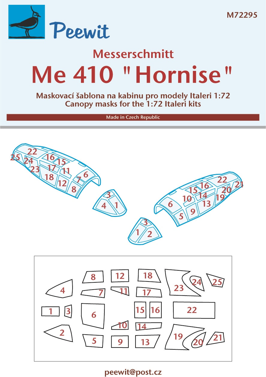Messerschmitt Me-410 Hornisse canopy frame paint mask (designed to be used with Italeri kits)