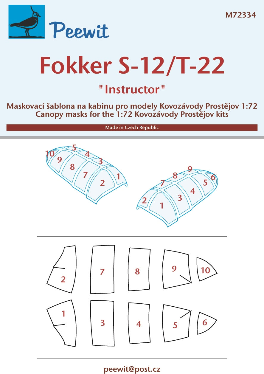 Fokker S-12/T-22 Instructor canopy frame paint mask (designed to be used with Kovozavody Prostejov kits)