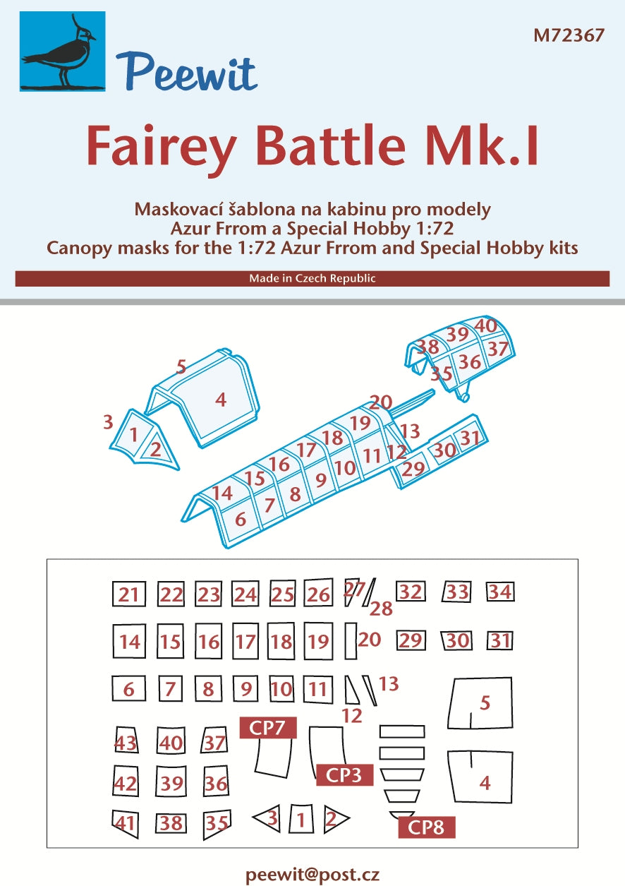Fairey Battle Mk.I canopy frame paint masks (designed to be used with Frrom-Azur and Special Hobby kits)