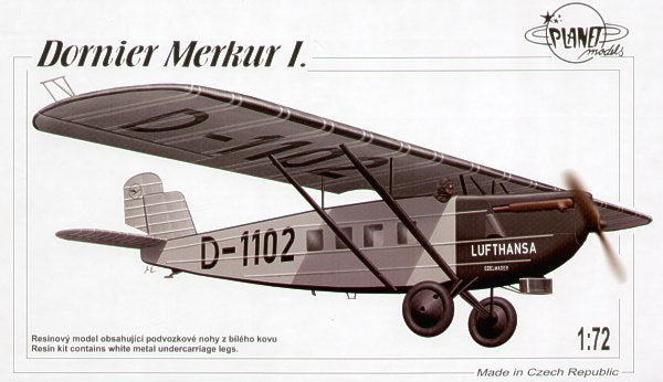 Dornier Merkur. Full resin kit of a all-metal passenger aircraft from 1930s. The kit contains strengthened undercarriage legs and decals for one aircraft. The wing features corrugated metal skin. Germany, pre WWII