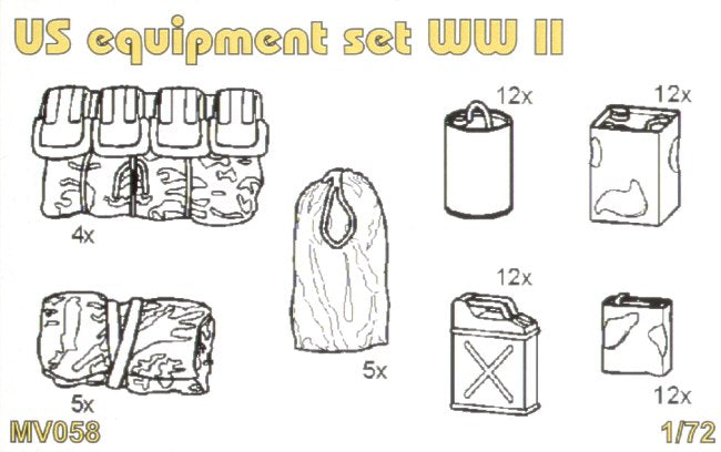 U.S. equipment set WWII Set contains detailed U.S. equipment set WWII, jerry cans, oil cans, sleep bags, celt, canvas. 62 pcs.