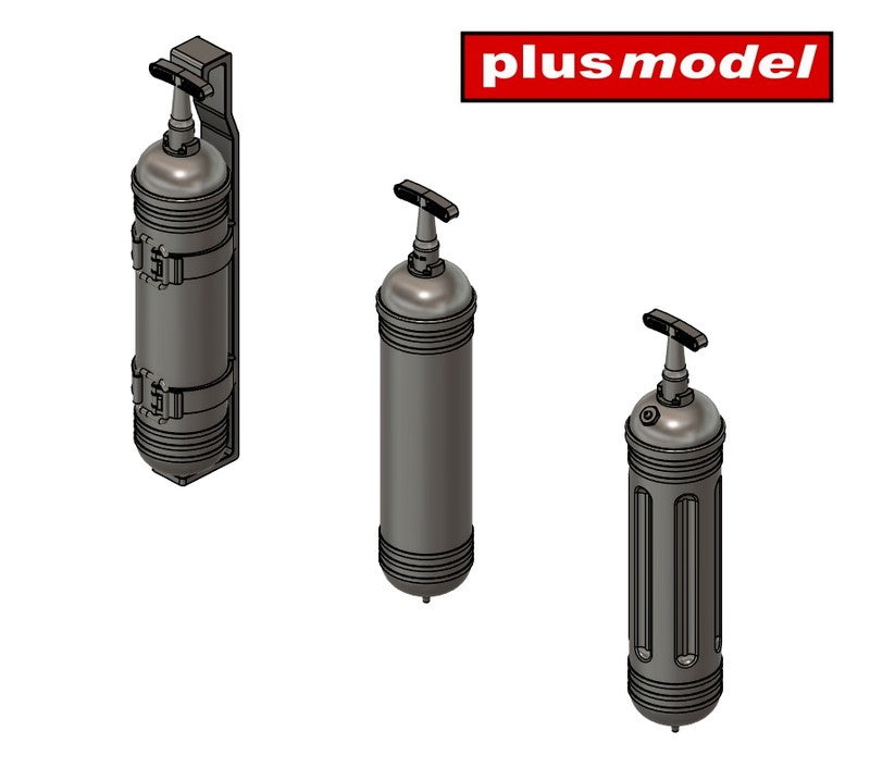 The set contains three types of fire extinguishers for US vehicles from WWII, a total of twelve pieces with decals. Made using 3D printing technology.