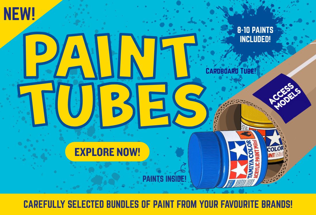 Promotional graphic for paint tubes with colorful text and paint cans on a blue background