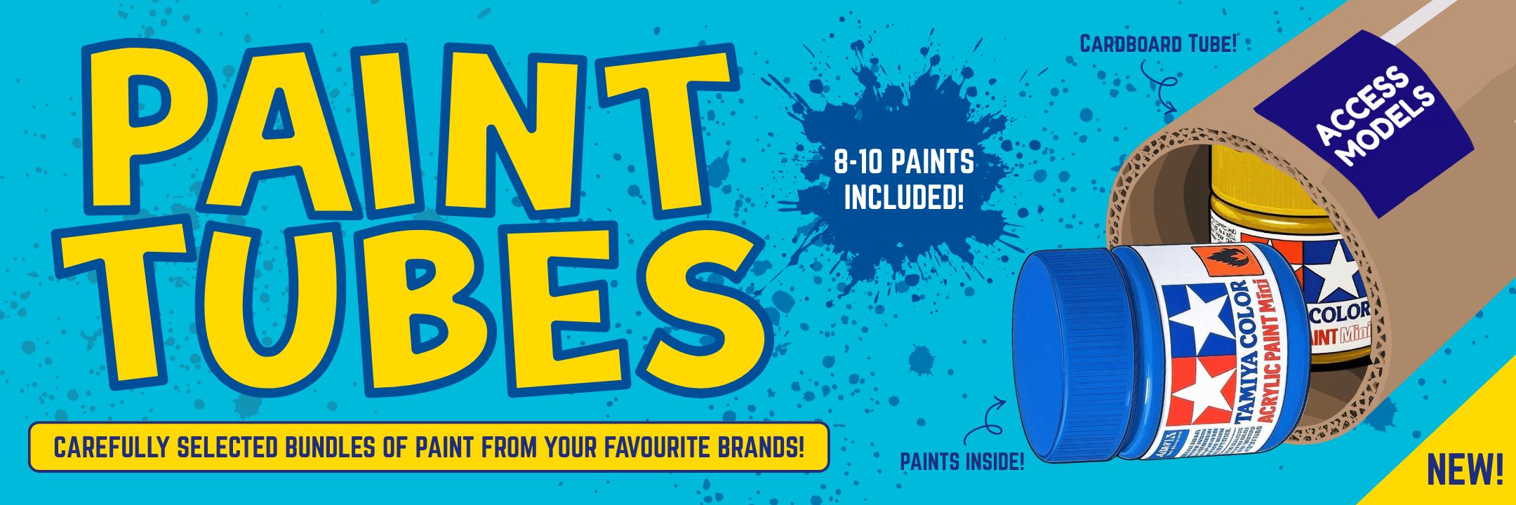 Promotional banner for Paint Tubes with a Tamiya paint can and text on a blue background