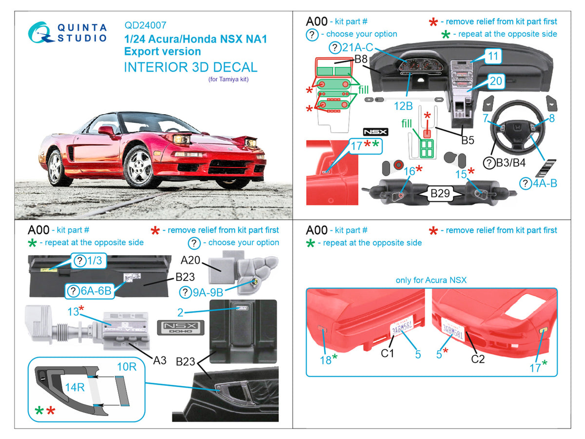 Acura-Honda NSX NA1 Export version 3D-Printed coloured Interior on decal paper (designed to be used with Tamiya kits).