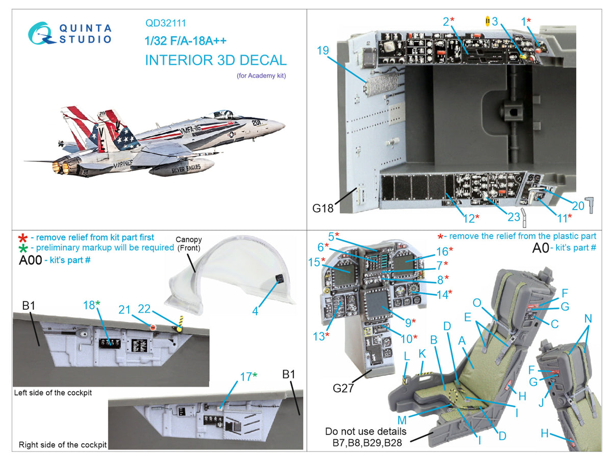 McDonnell-Douglas F/A-18A++ 3D-Printed coloured Interior on decal paper (designed to be used with Academy kits)