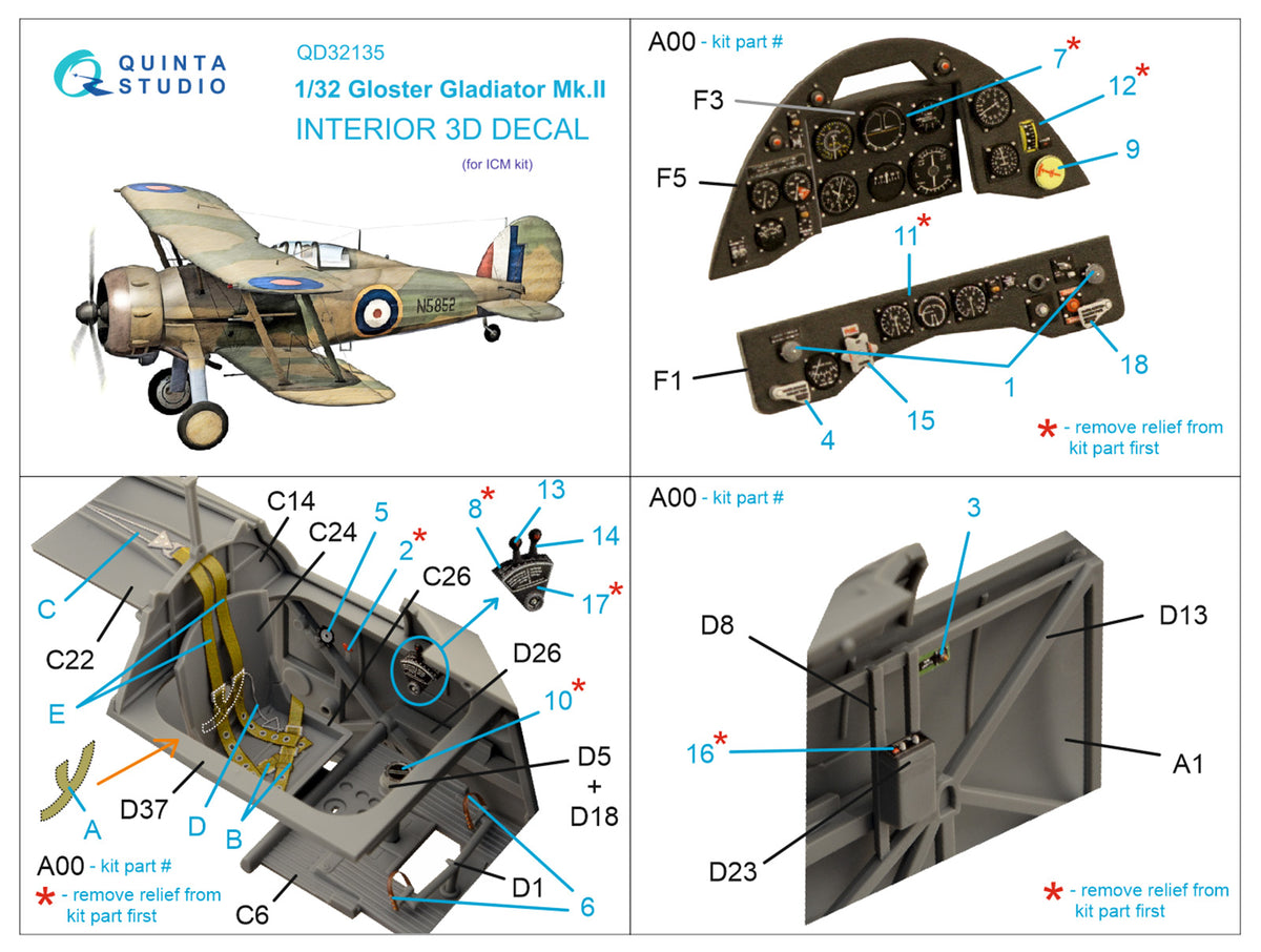 Gloster Gladiator Mk.II 3D-Printed coloured Interior on decal paper (designed to be used with ICM UA UK kits)