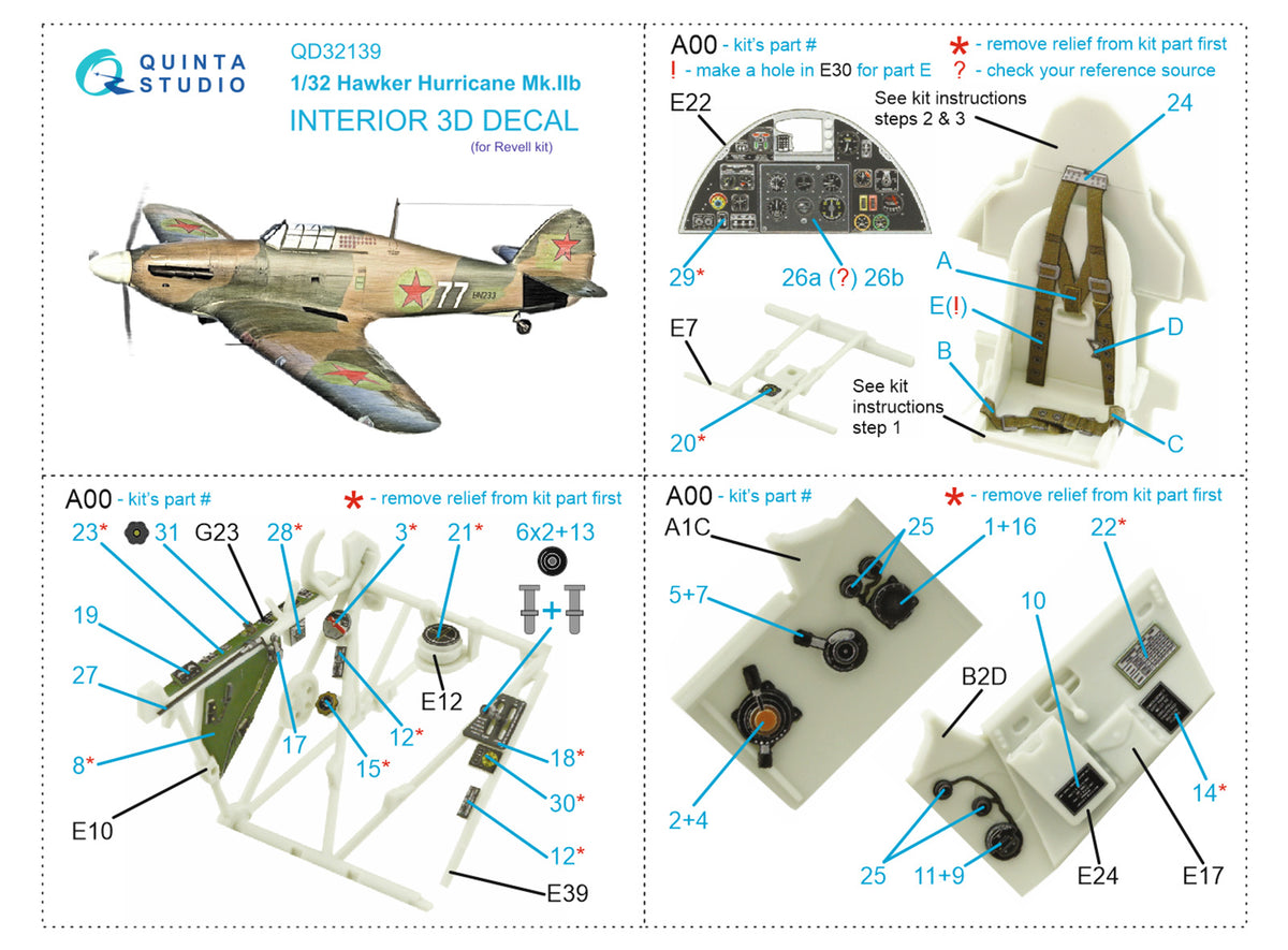 Hawker Hurricane Mk.IIb 3D-Printed coloured Interior on decal paper (designed to be used with Revell kits)