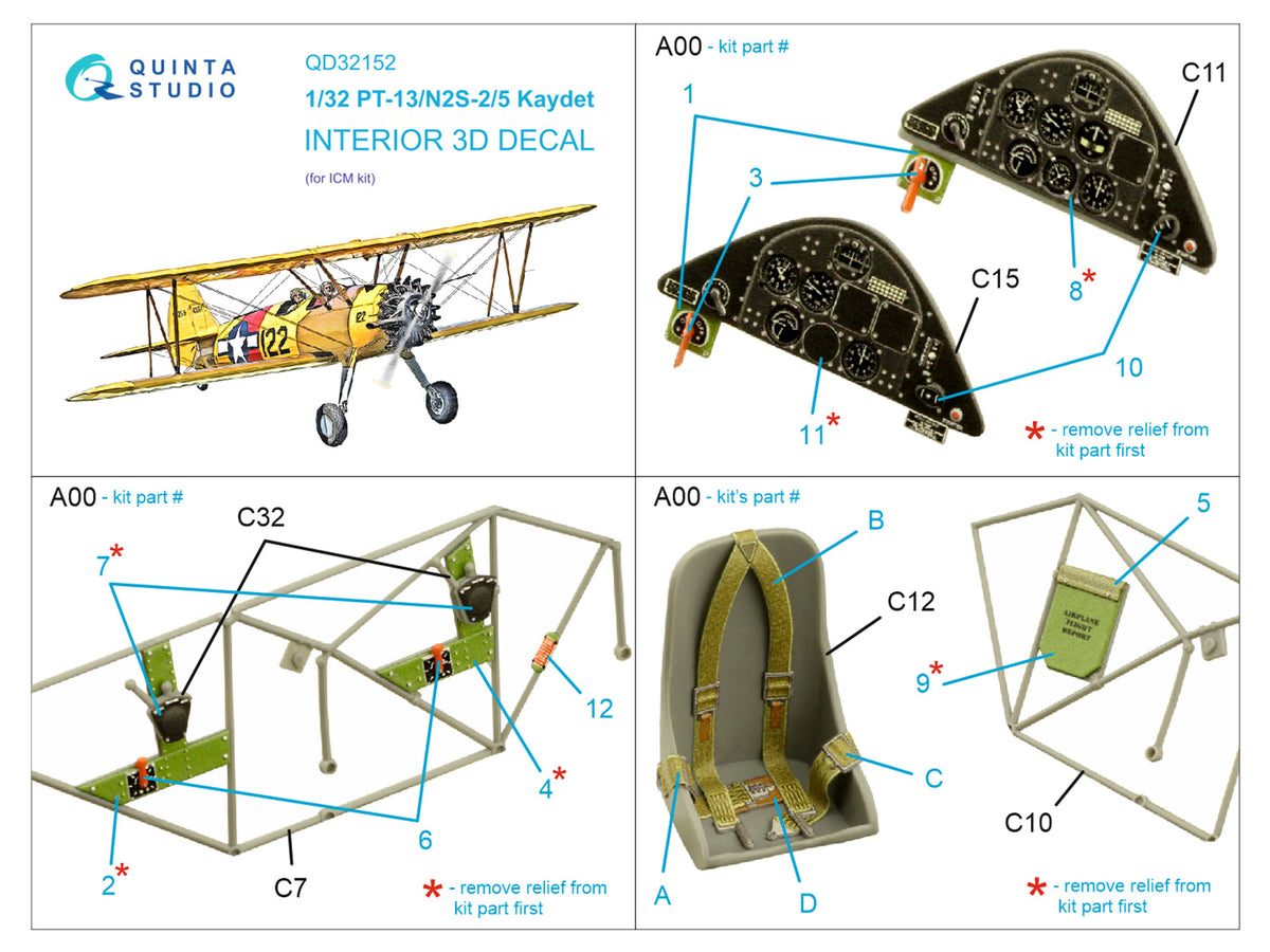 Stearman PT-13/N2S-2/5 Kaydet 3D-Printed coloured Interior on decal paper (designed to be used with ICM UA UK kits)