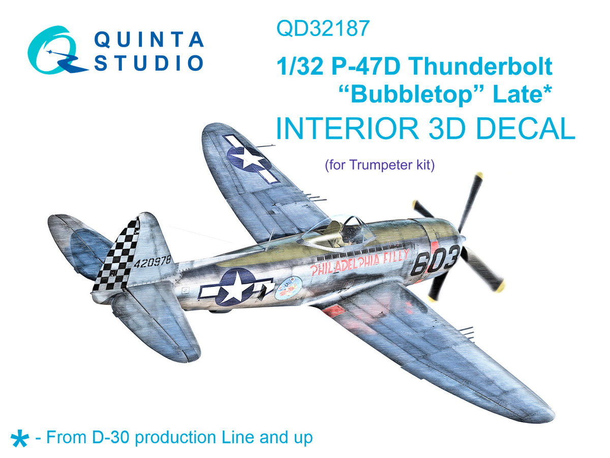 Republic P-47D Thunderbolt Bubbletop (Late) 3D-Printed coloured Interior on decal paper (designed to be used with Trumpeter kits)