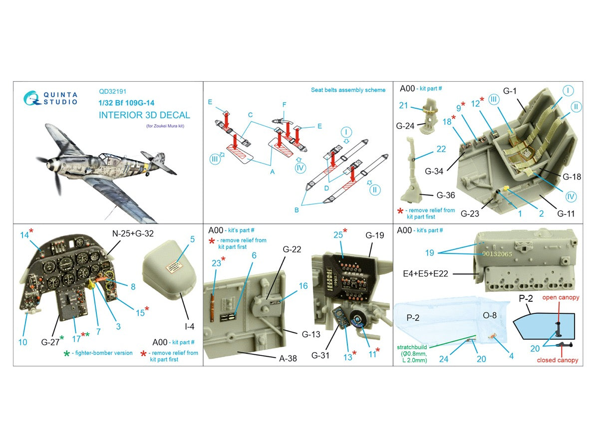 Messerschmitt Bf-109G-14 3D-Printed coloured Interior on decal paper (designed to be used with Zoukei-Mura kits)