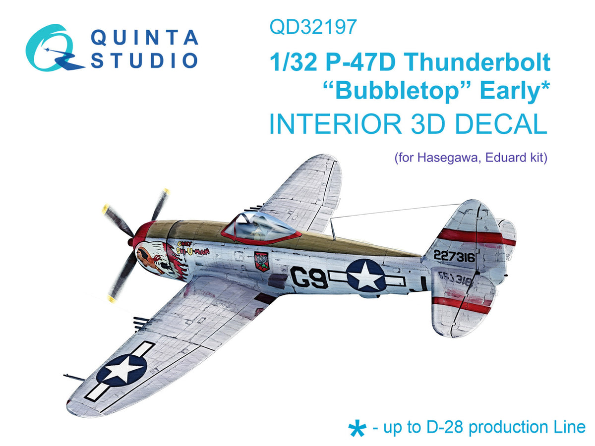 Republic P-47D Thunderbolt Bubbletop Early 3D-Printed coloured Interior on decal paper (designed to be used with Hasegawa kits)