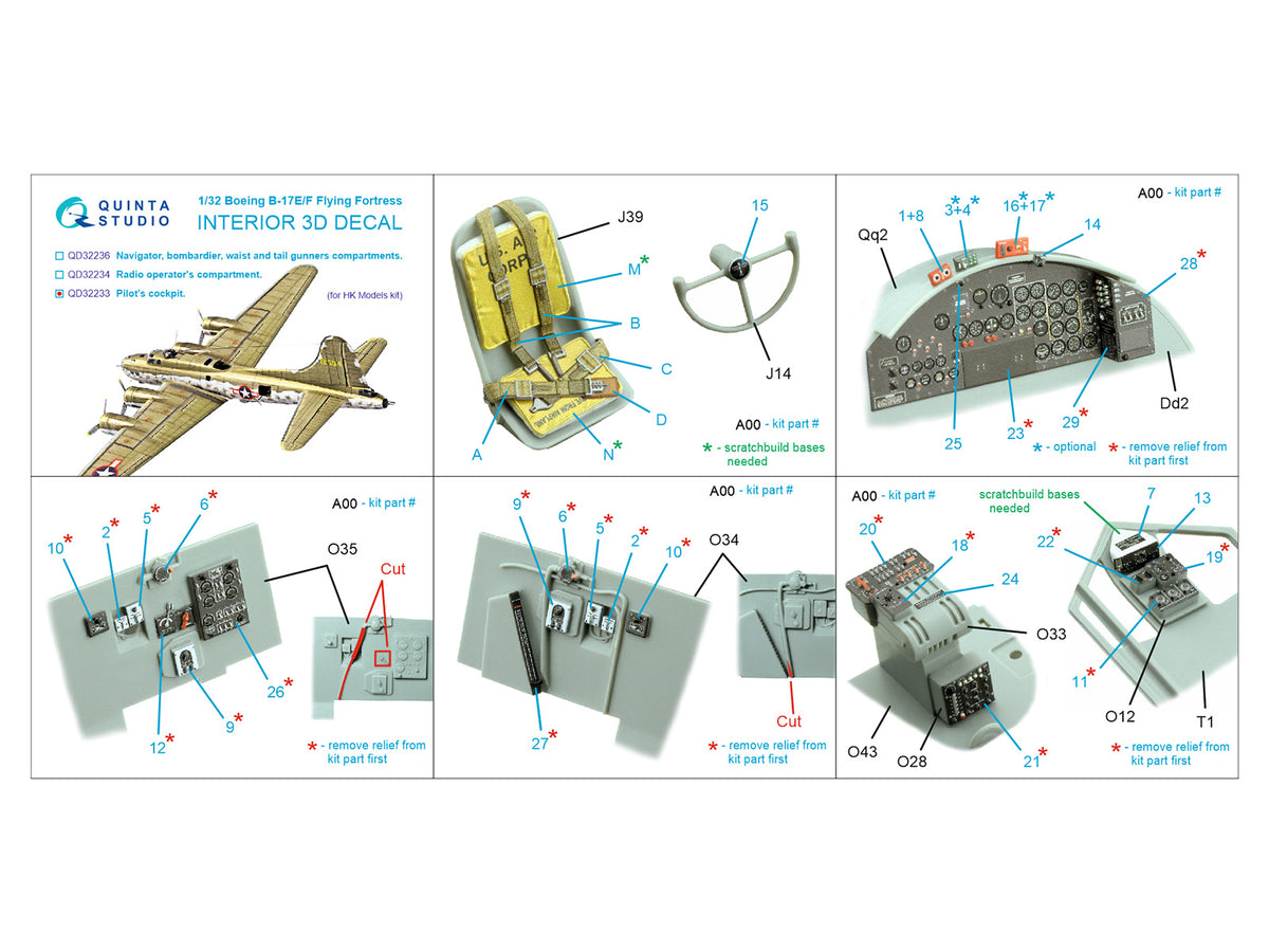 Boeing B-17E/B-17F Flying Fortress Pilot's cockpit 3D-Printed coloured Interior on decal paper (designed to be used with Hong Kong Model kits)