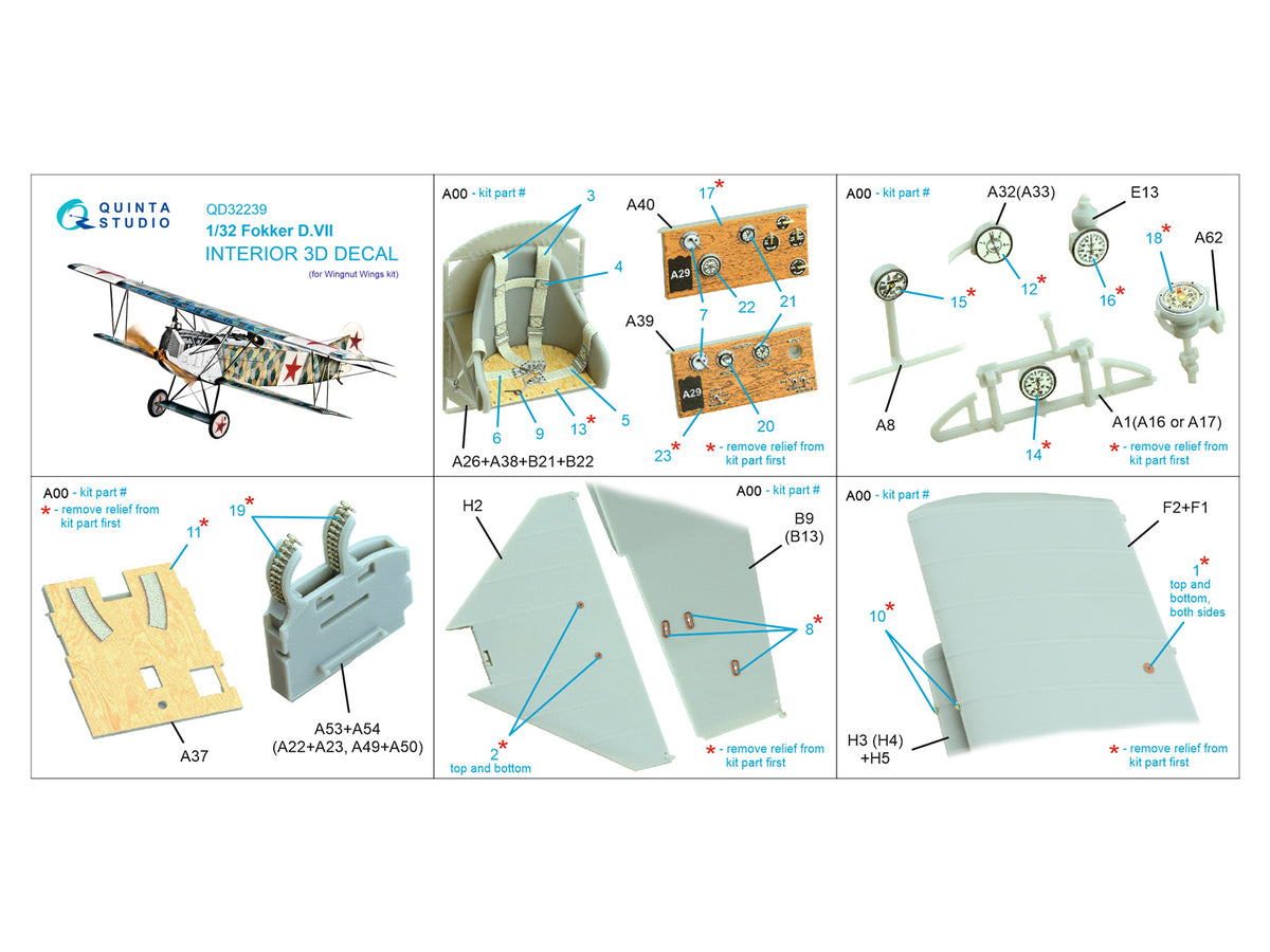 Fokker D.VII 3D-Printed & coloured Interior on decal paper (designed to be used with Wingnut Wings kits)