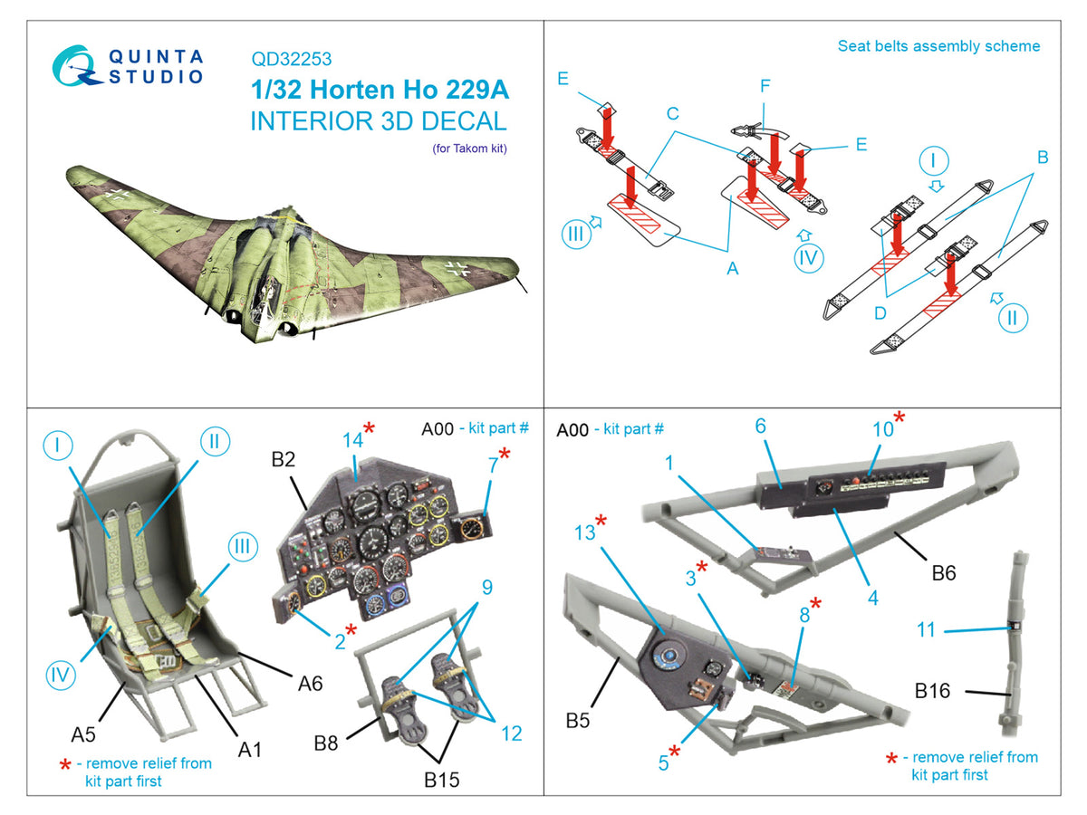 Horten Ho-229A 3D-Printed & coloured Interior on decal paper (designed to be used with Takom Wings kits)