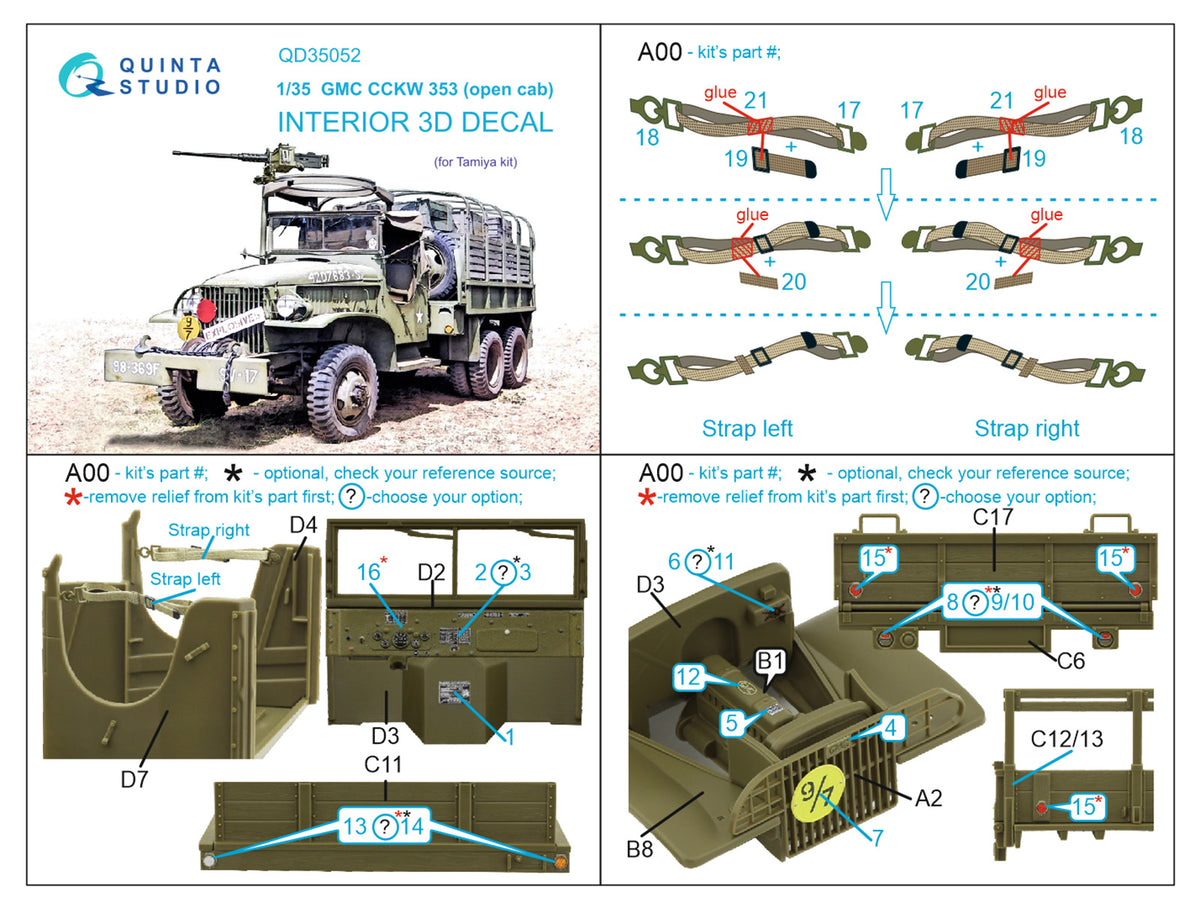 GMC CCKW 353 (designed to be used with open cab kits) 3D-Printed coloured Interior on decal paper (designed to be used with Tamiya kits)