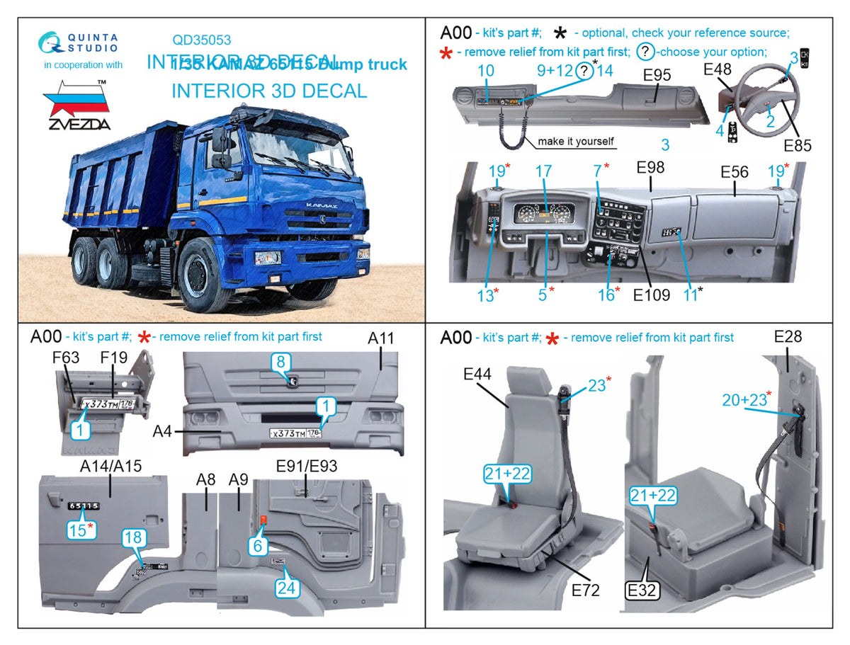 KAMAZ 65115 Dump truck 3D-Printed coloured Interior on decal paper (designed to be used with Zvezda kits)