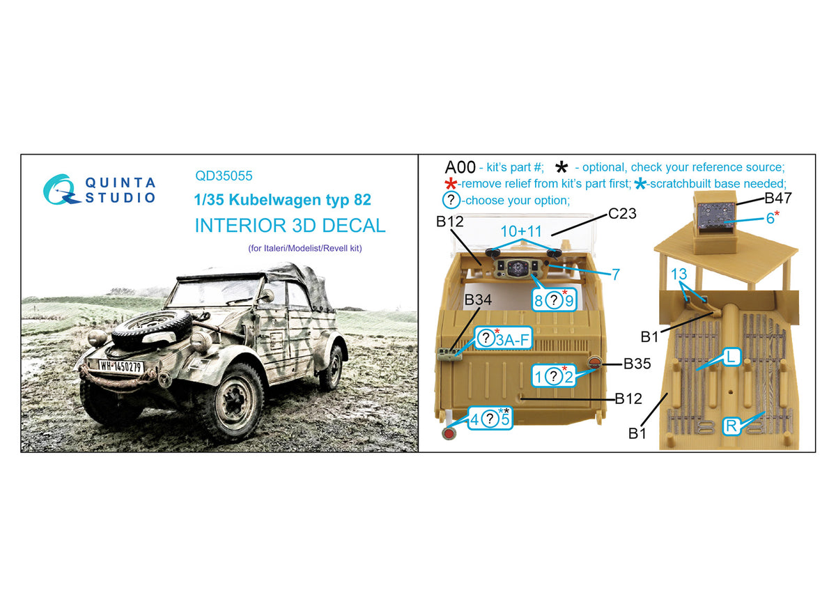Kubelwagen typ 82 3D-Printed coloured Interior on decal paper (designed to be used with Italeri, Modelist and Revell kits)