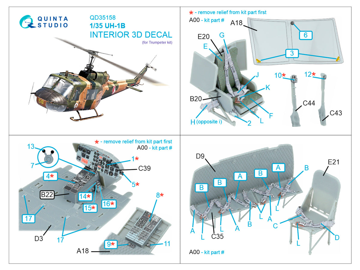 Bell UH-1B 3D-Printed & coloured Interior on decal paper (designed to be used with Trumpeter kits)