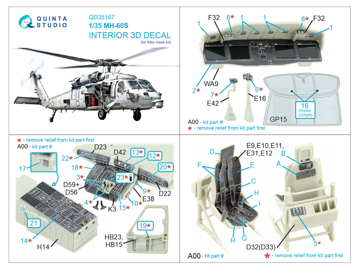 Sikorsky MH-60S Knighthawk 3D-Printed & coloured Interior on decal paper (designed to be used with Kitty Hawk Models kits)