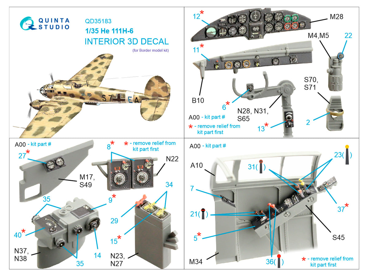 Heinkel He-111H-6 3D-Printed & coloured Interior on decal paper (designed to be used with Border Model kits)