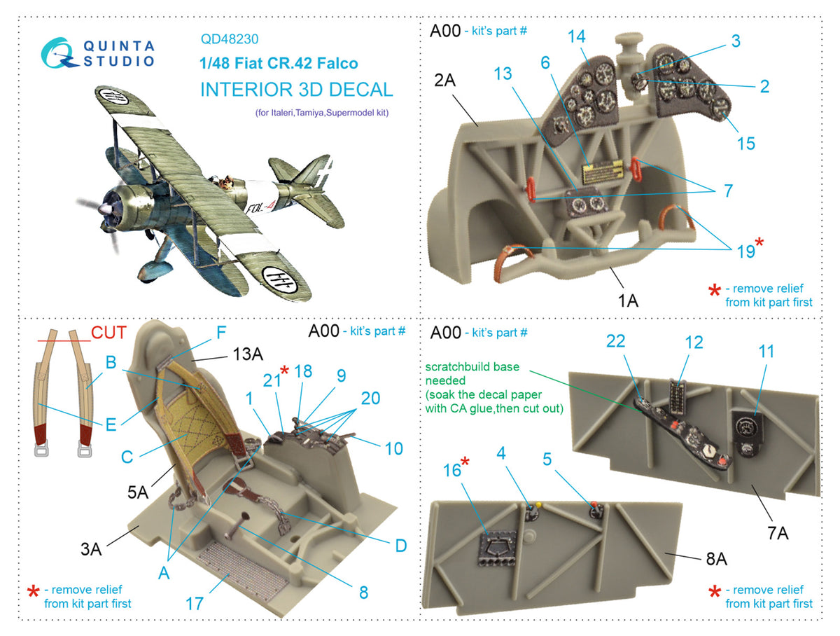 Fiat CR.42 Falco 3D-Printed coloured Interior on decal paper (designed to be used with Italeri kits)