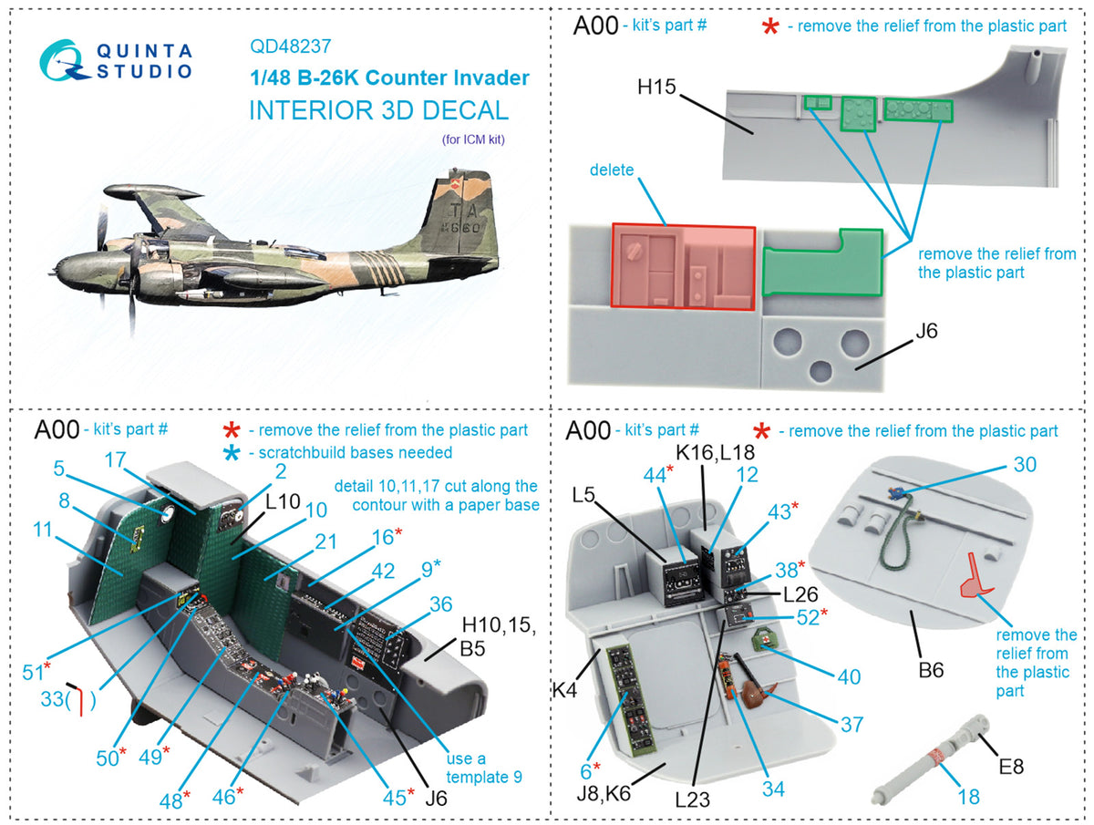 Douglas B-26K 3D-Printed coloured Interior on decal paper (designed to be used with ICM UA UK kits)