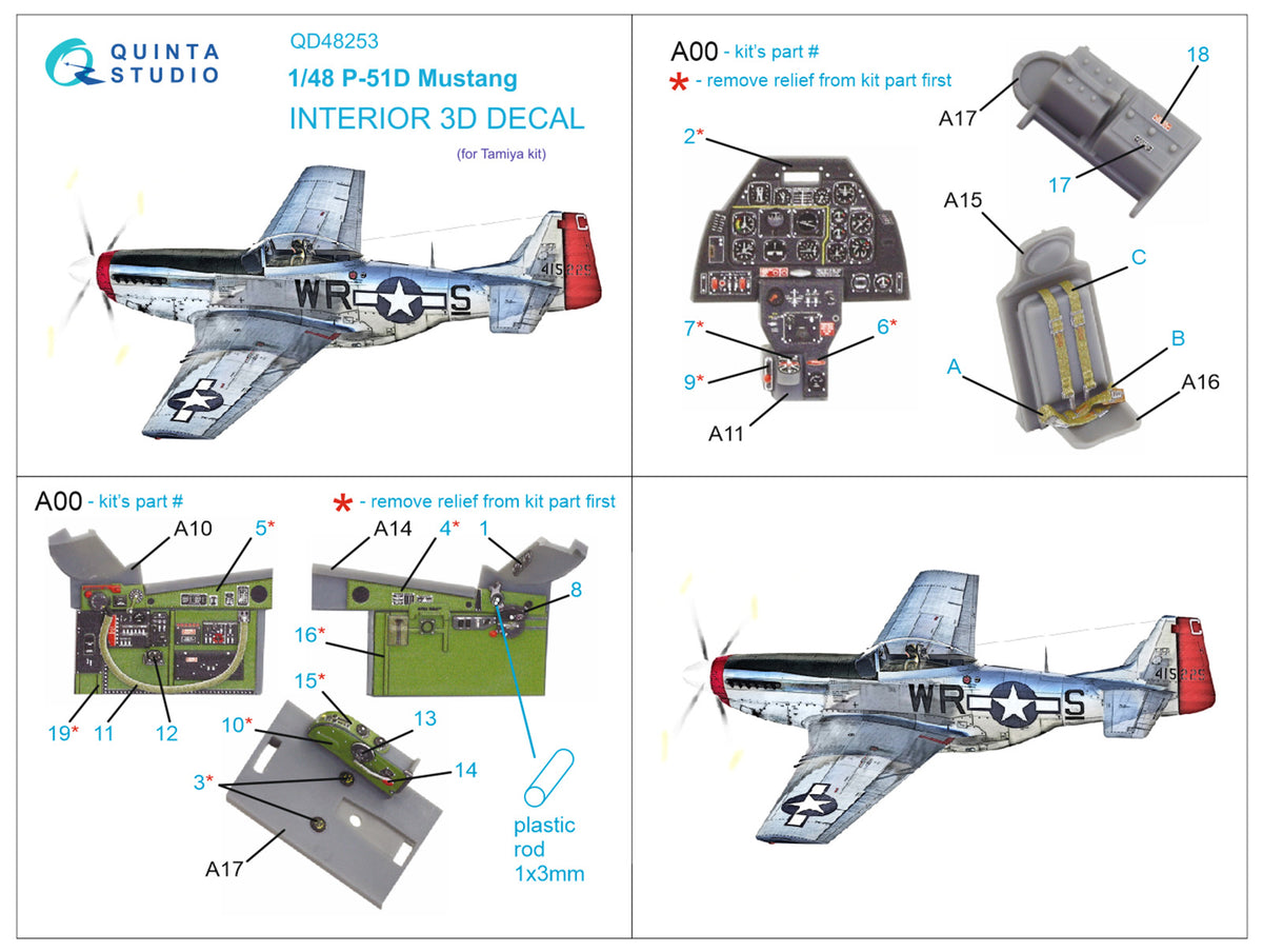 North-American P-51D Mustang 3D-Printed coloured Interior on decal paper (designed to be used with Tamiya kits)