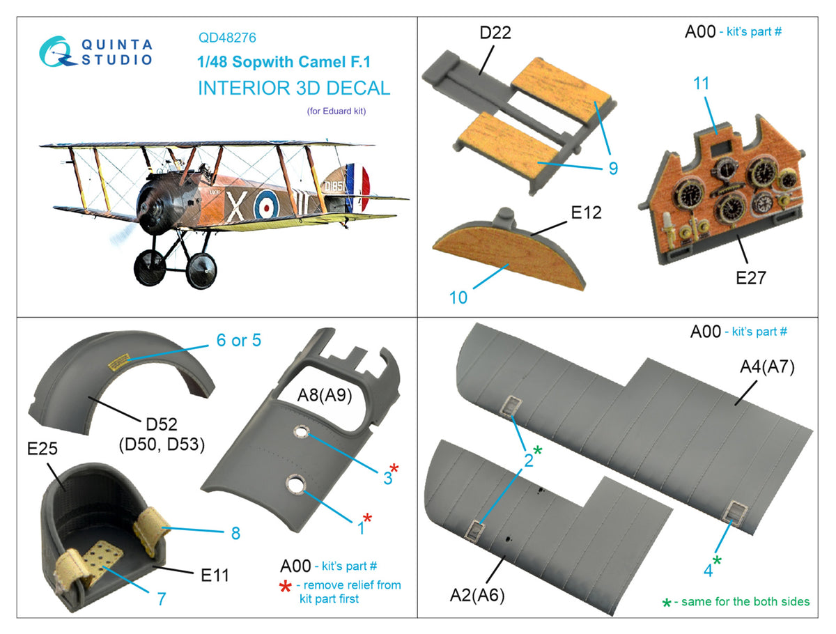 Sopwith Camel F.1 3D-Printed coloured Interior on decal paper (designed to be used with Eduard kits)