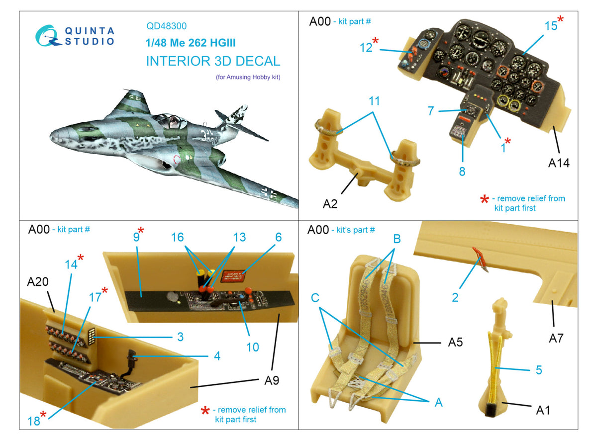 Messerschmitt Me-262HG.III 3D-Printed coloured Interior on decal paper (designed to be used with Amusing Hobby kits)