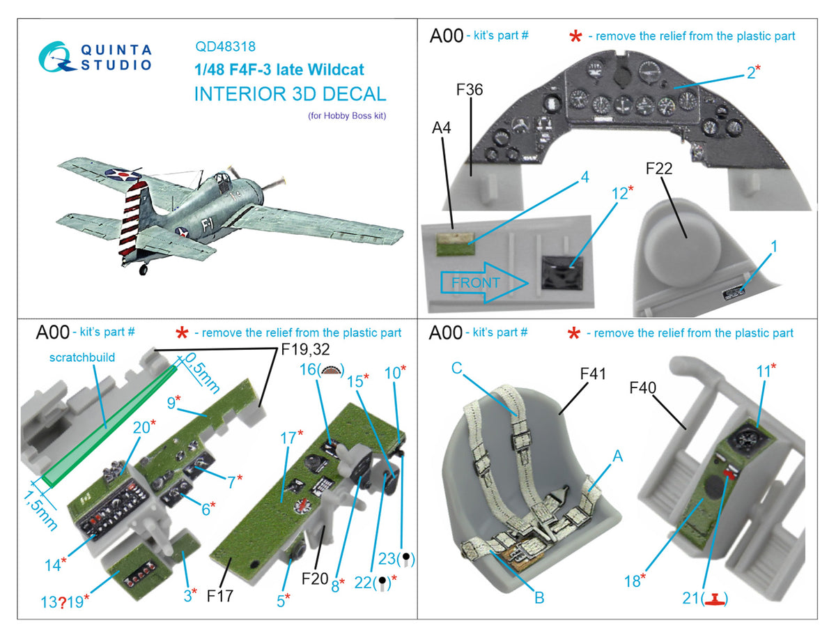 Grumman F4F-3 Wildcat late 3D-Printed coloured Interior on decal paper (designed to be used with Hobby Boss kits)
