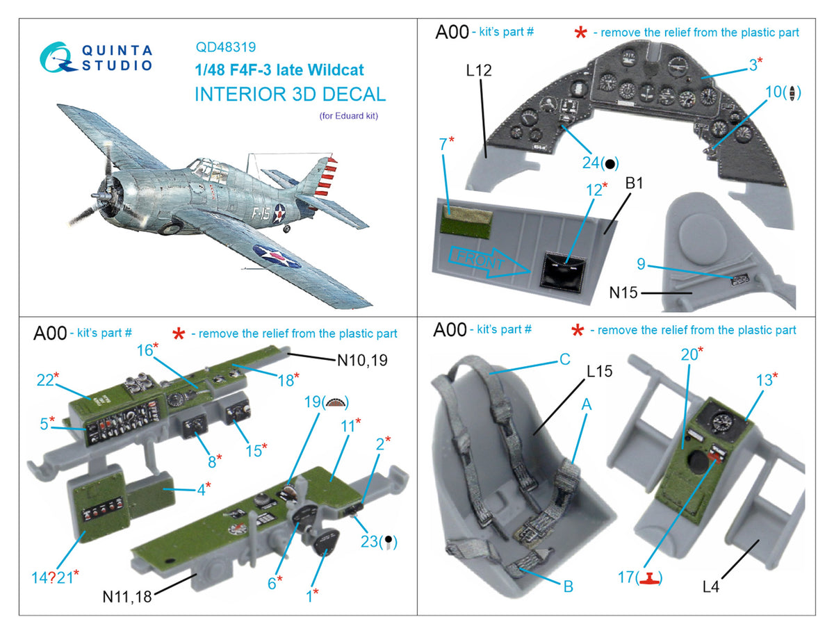 Grumman F4F-3 Wildcat late 3D-Printed coloured Interior on decal paper (designed to be used with Eduard kits)
