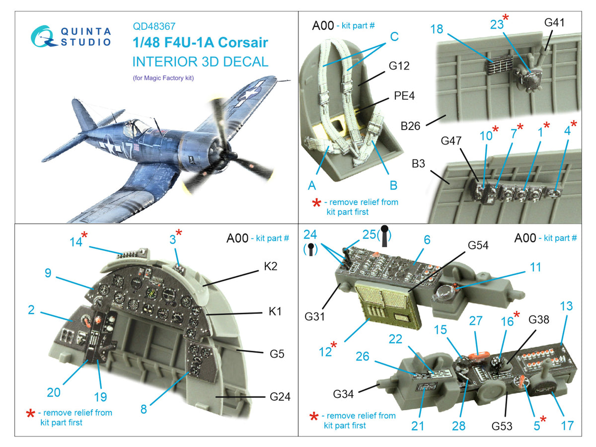 Vought F4U-1A Corsair 3D-Printed coloured Interior on decal paper (designed to be used with Magic Factory kits)