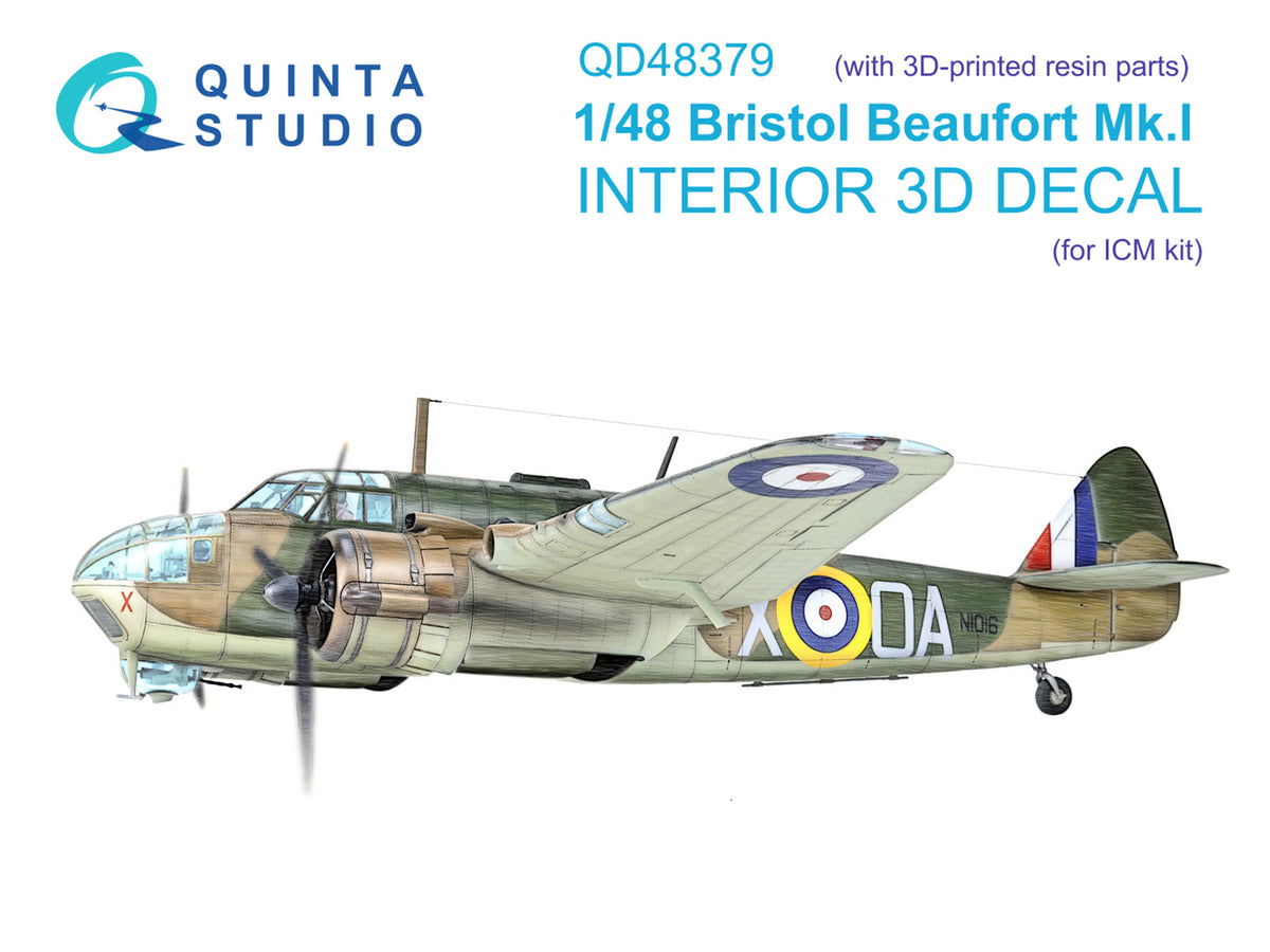 Bristol Beaufort Mk.I 3D-Printed coloured Interior on decal paper (designed to be used with ICM UA UK kits) (with (3D-Printed) resin parts)