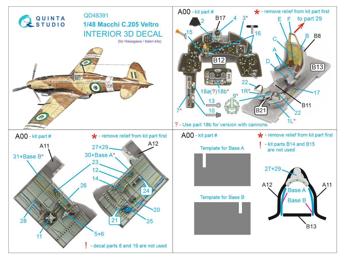 Macchi C.205 Veltro 3D-Printed coloured Interior on decal paper (designed to be used with Hasegawa and Italeri kits)