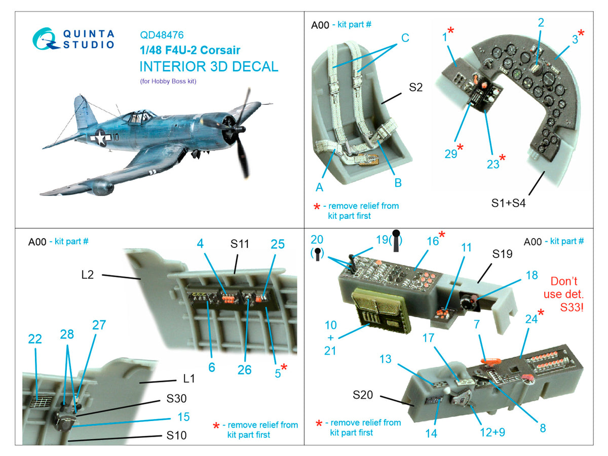 Vought F4U-2 Corsair 3D-Printed coloured Interior on decal paper (designed to be used with Hobby Boss kits)