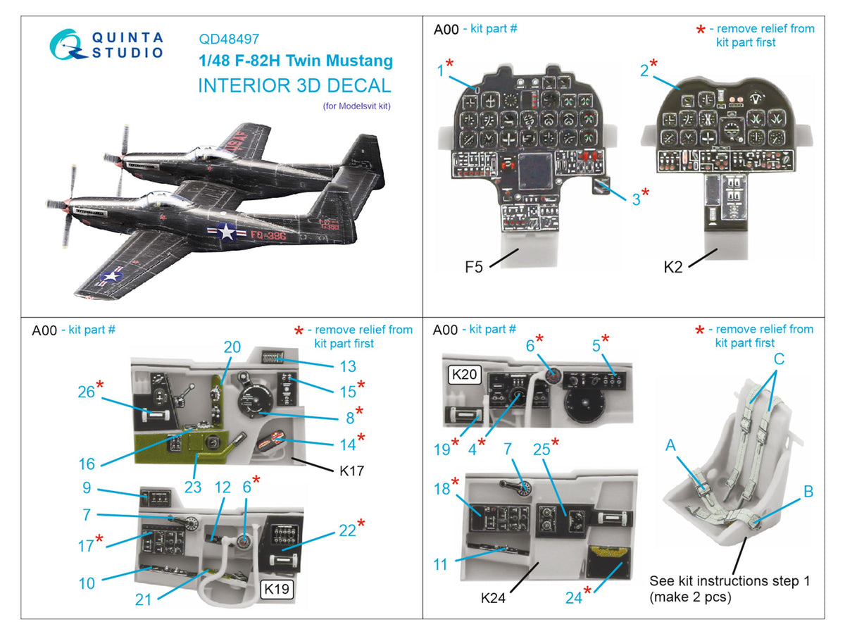 North-American F-82H Twin Mustang 3D-Printed coloured Interior on decal paper (designed to be used with Modelsvit kits)